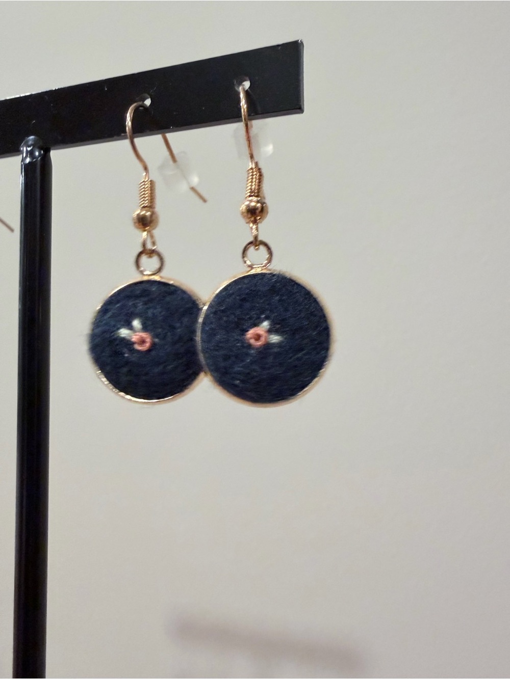 Gold-Tone Navy Felt Disc Drop Earrings with embroidered mini rose Accent